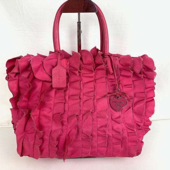 Prada Handbags - Prada Pink Ruffle Satin Tote
